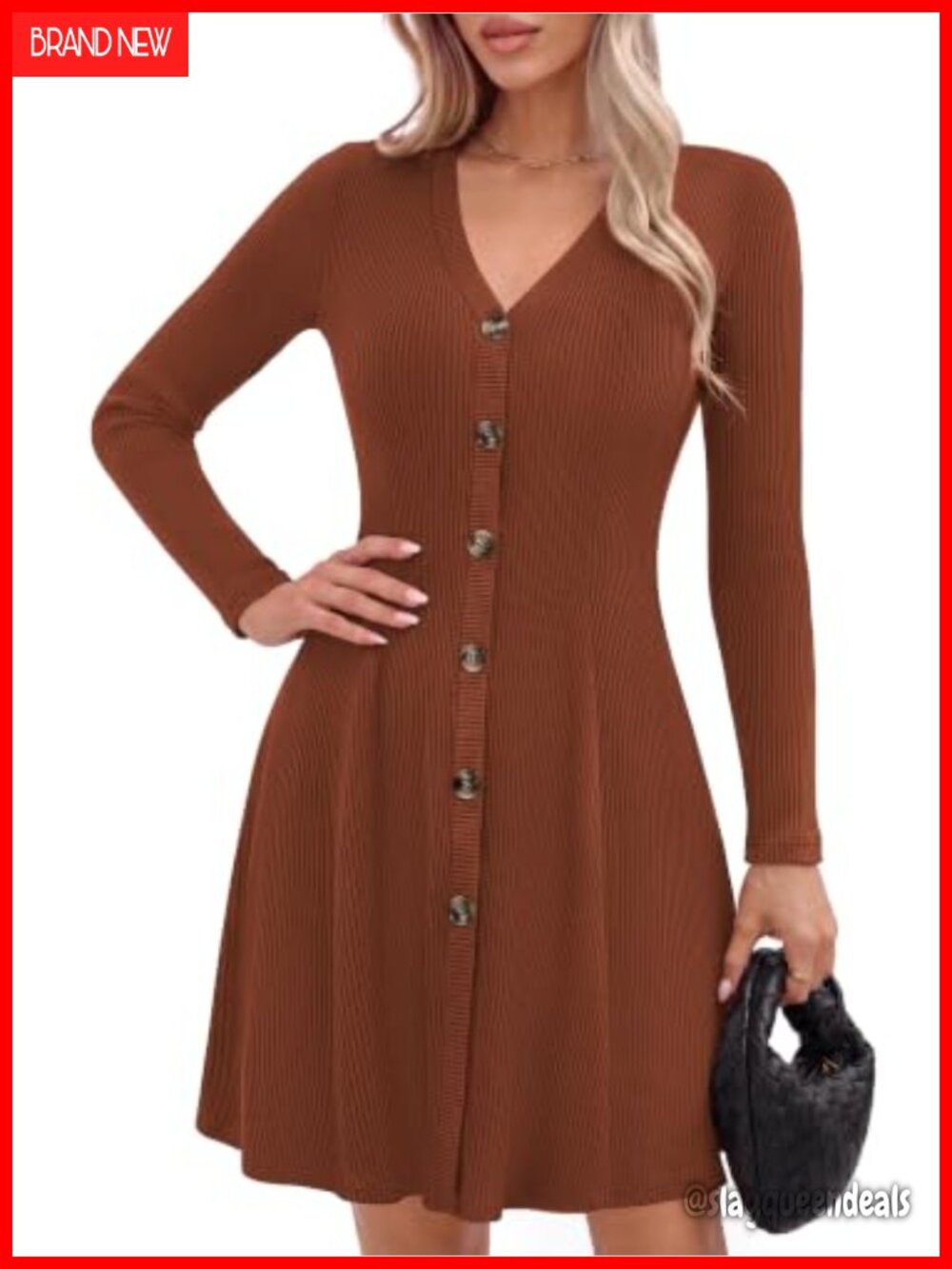 V-Neck Ribbed Knit A-Line Mini Sweater Dress Long Sleeve Fall